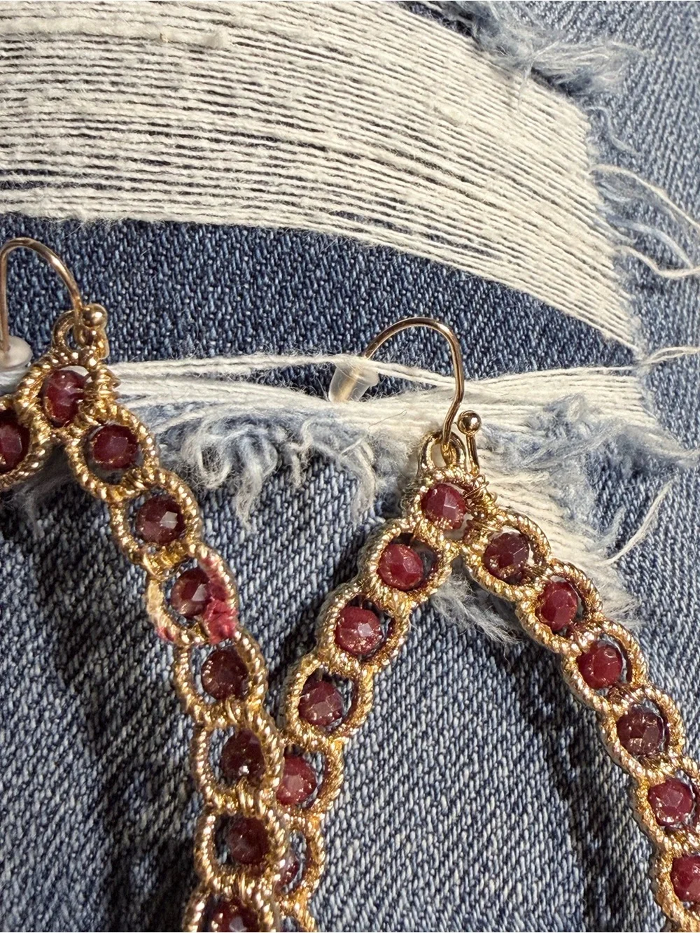 Gold Teardrop Earrings with Burgundy Garnet Stones Gold Tone - Women Jewelry